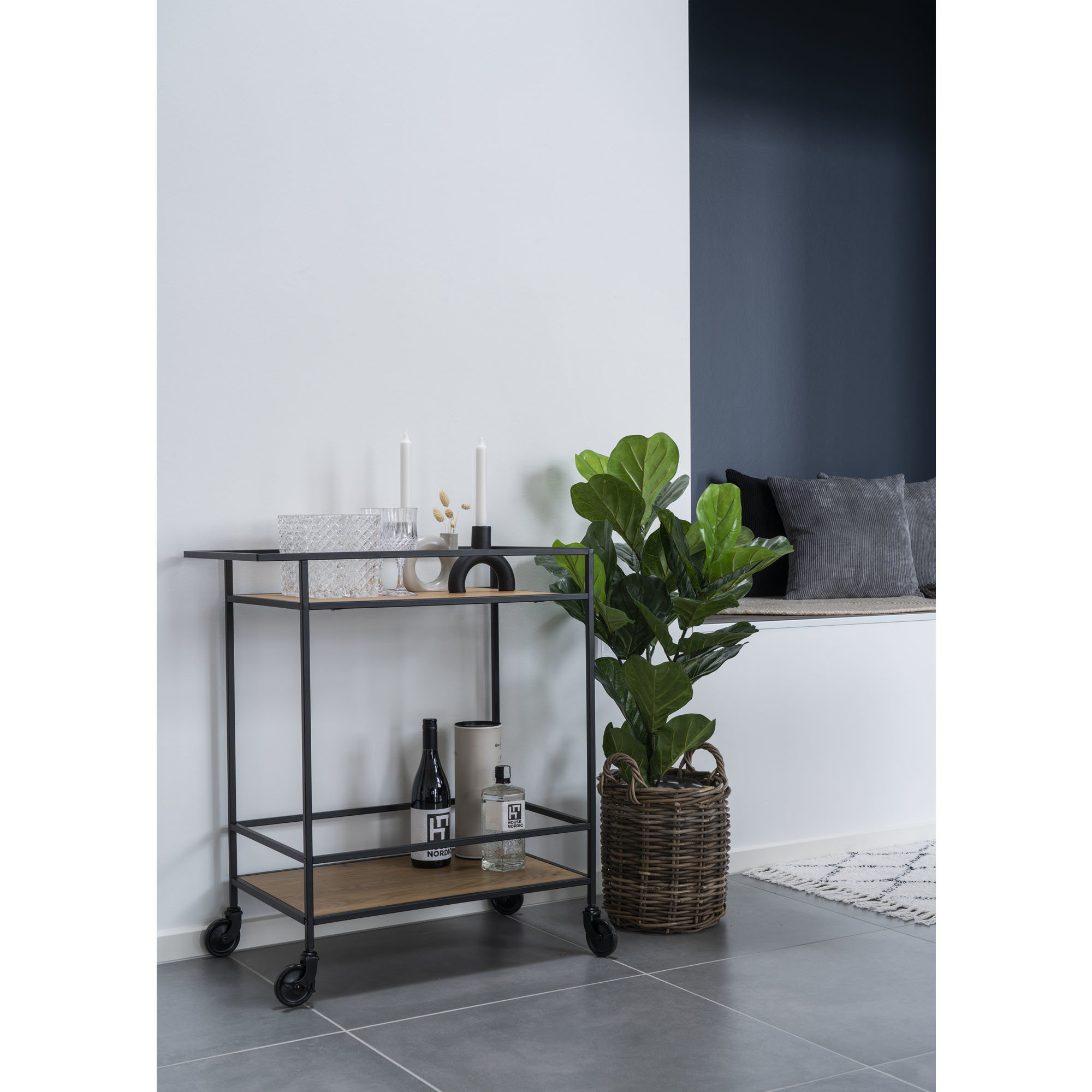 Vita Bar Trolley mit schwarzem Rahmen und Rädern - Eichenoptik -68x40x79 cm