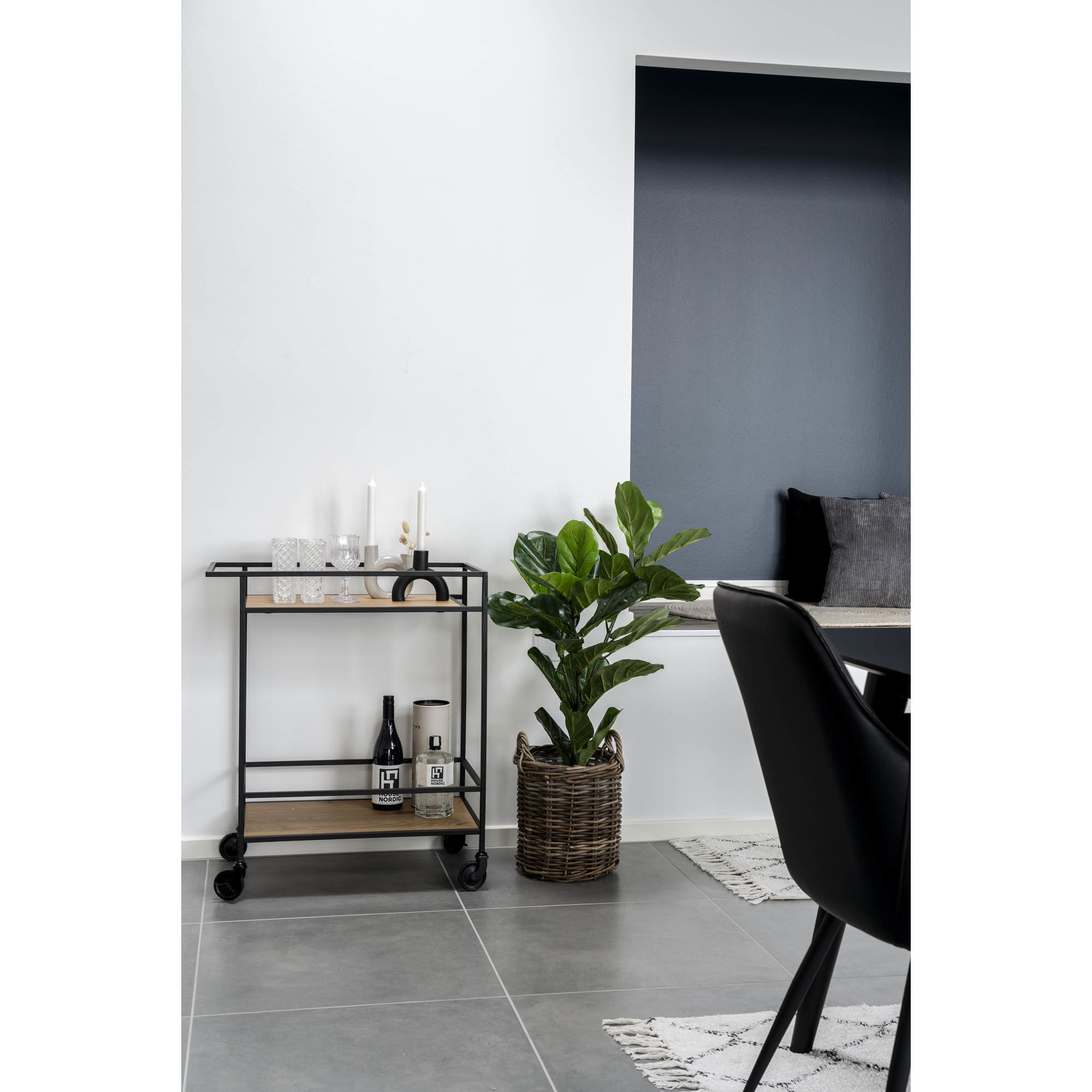 Vita Bar Trolley mit schwarzem Rahmen und Rädern - Eichenoptik -68x40x79 cm