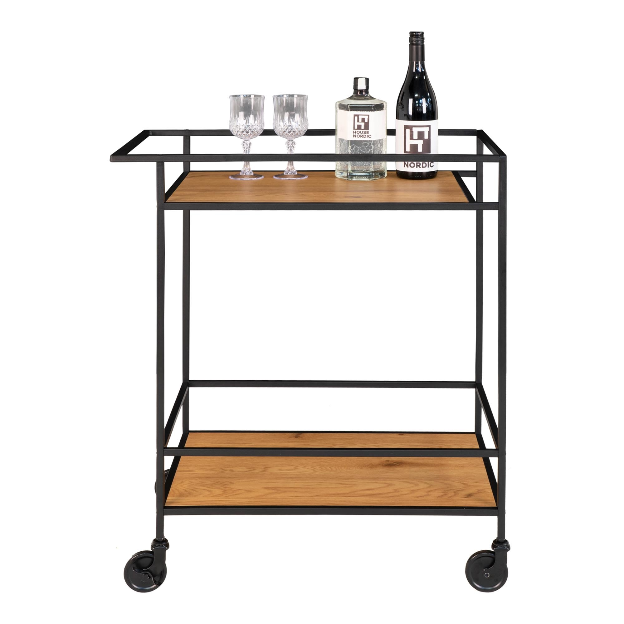 Vita Bar Trolley mit schwarzem Rahmen und Rädern - Eichenoptik -68x40x79 cm