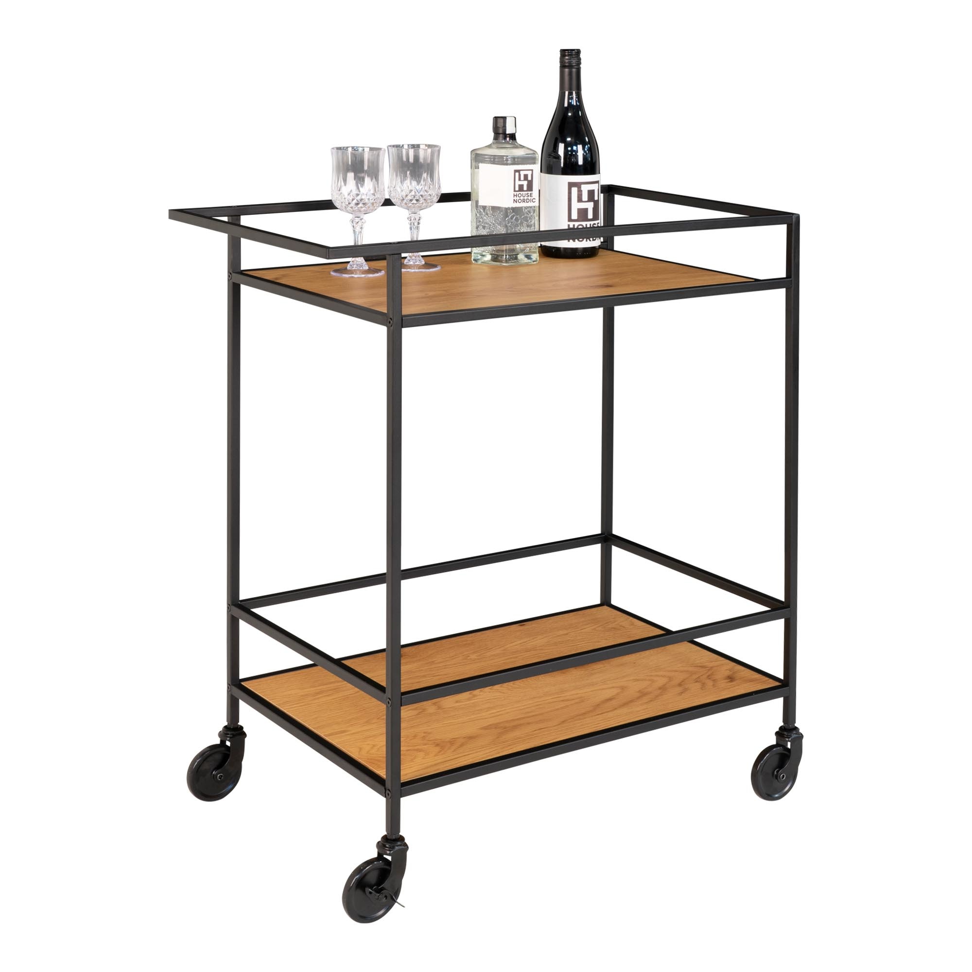 Vita Bar Trolley mit schwarzem Rahmen und Rädern - Eichenoptik -68x40x79 cm