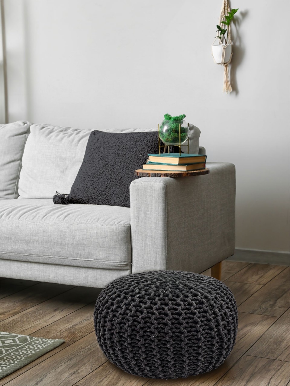 Fußhocker - Hocker - Ø 55 cm x 37cm - Steingrau - Grobstrickoptik - Langlebig