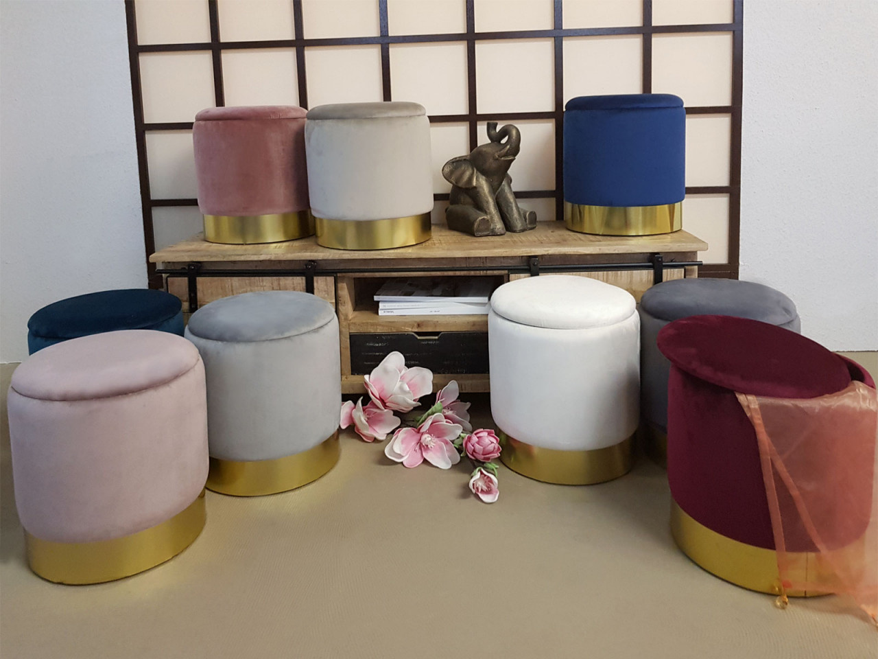 Hocker - Hocker aus Samt - Mit Ablagefläche - Rosa - Ø 31 x H 38 cm