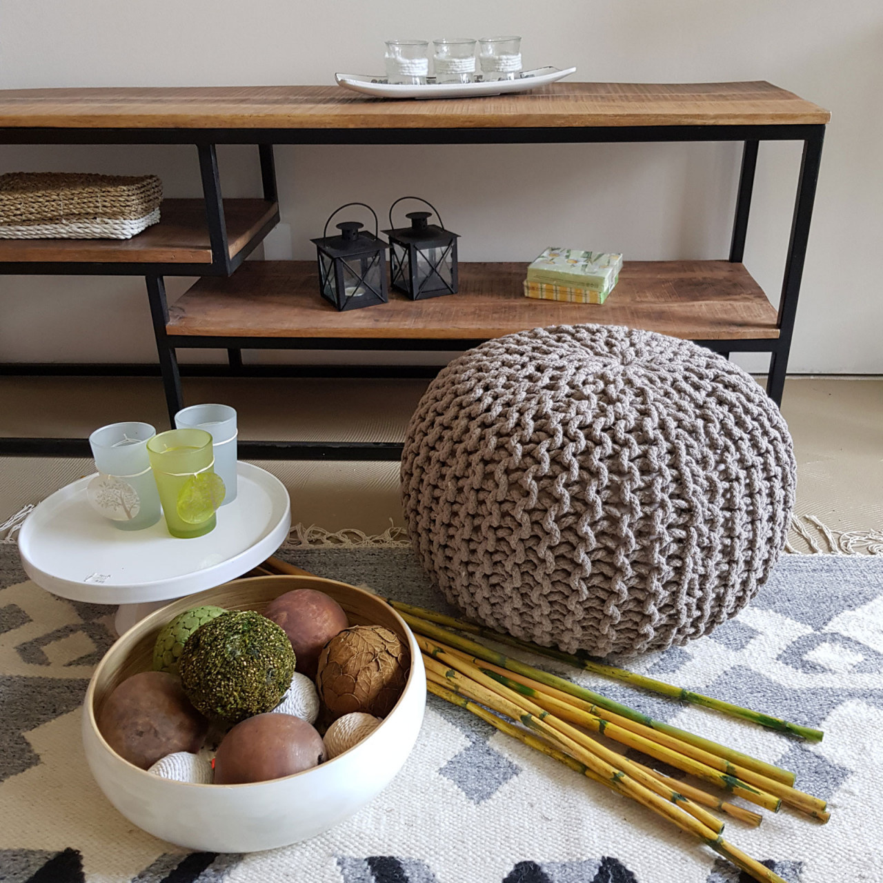 Hocker - Hocker Ø 45 cm x 30 cm - Beige - Grobgestrickte Optik - Langlebig