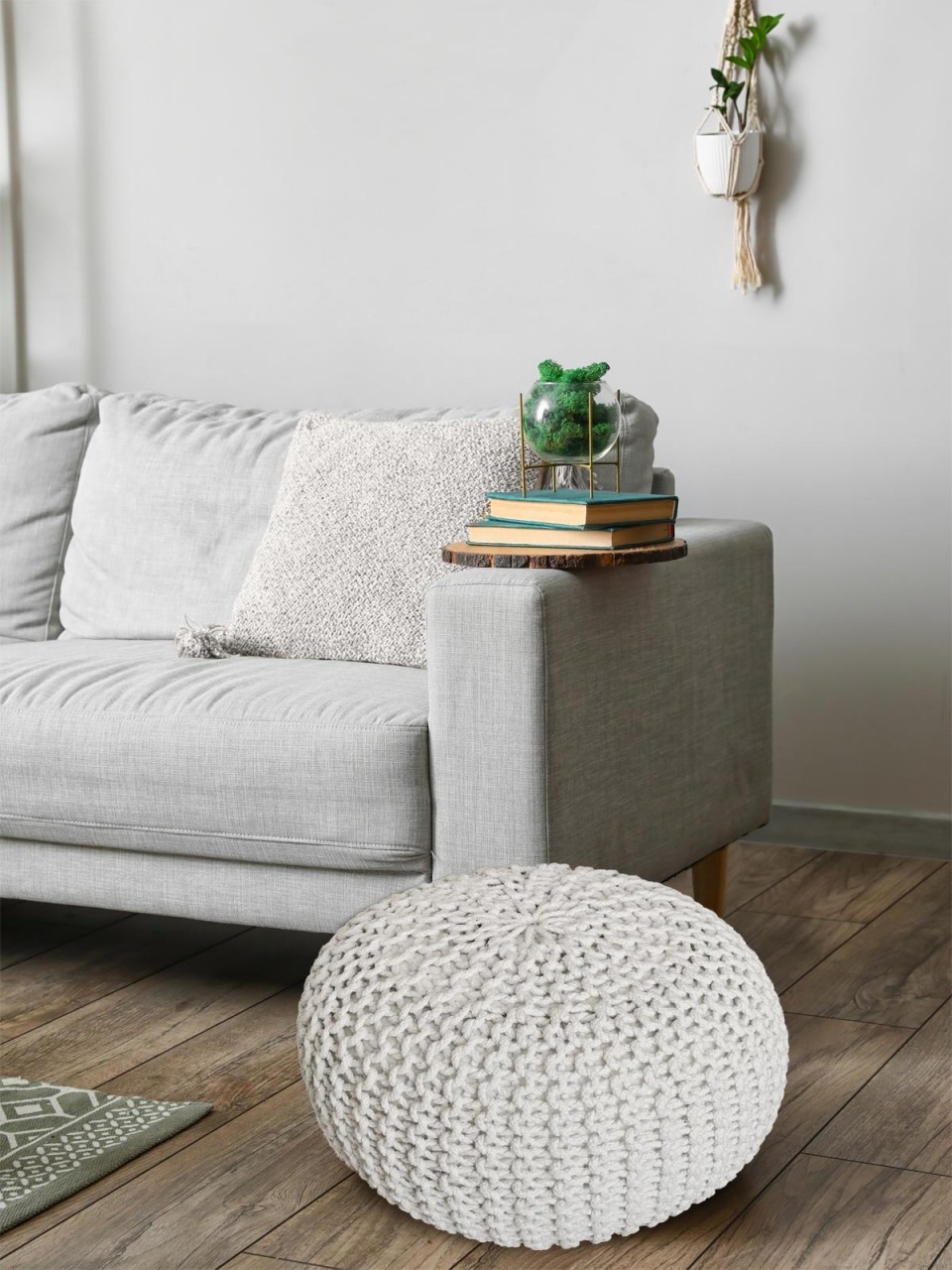 Fußhocker - Hocker Ø 45 cm x 30 cm - Weiß - Grobgestrickte Optik - Langlebig
