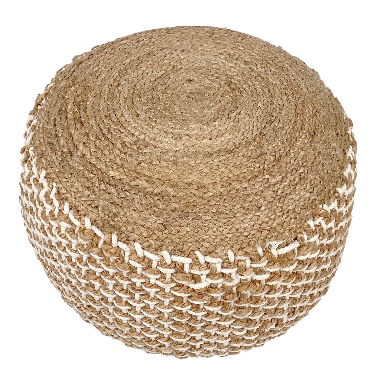 Poef - Jute kruk - Rond Ø50 x 35 cm - Deco kruk jute - Naturel/ Wit - Poef