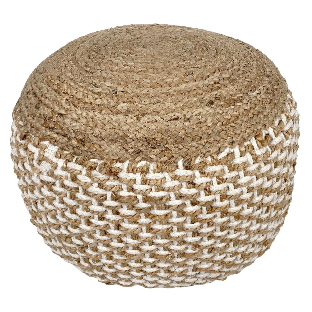 Poef - Jute kruk - Rond Ø50 x 35 cm - Deco kruk jute - Naturel/ Wit - Poef