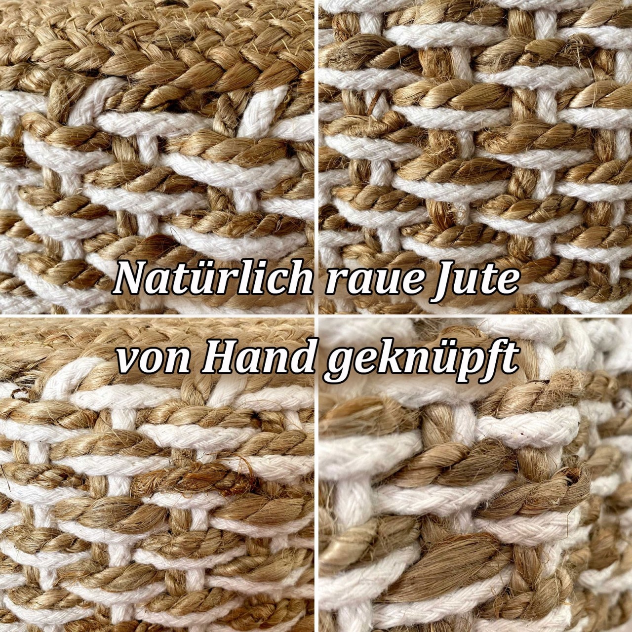 Poef - Jute kruk - Rond Ø50 x 35 cm - Deco kruk jute - Naturel/ Wit - Poef