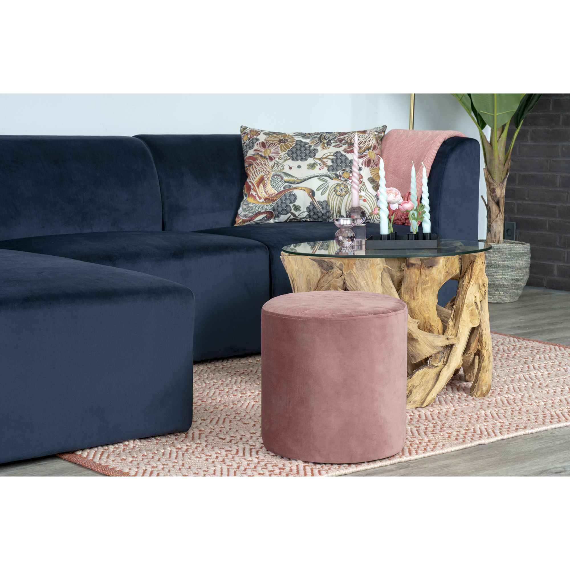 Ejby Pouf - Runder Pouf - Samt - Rosa- 34cm