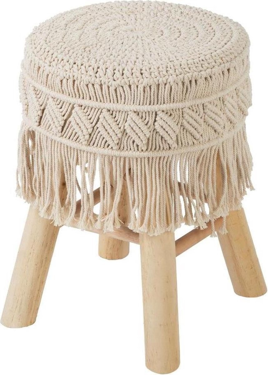 Atmosphera- Kruk - Hocker- Macramé en Hout - Beige - 32 x 42 cm