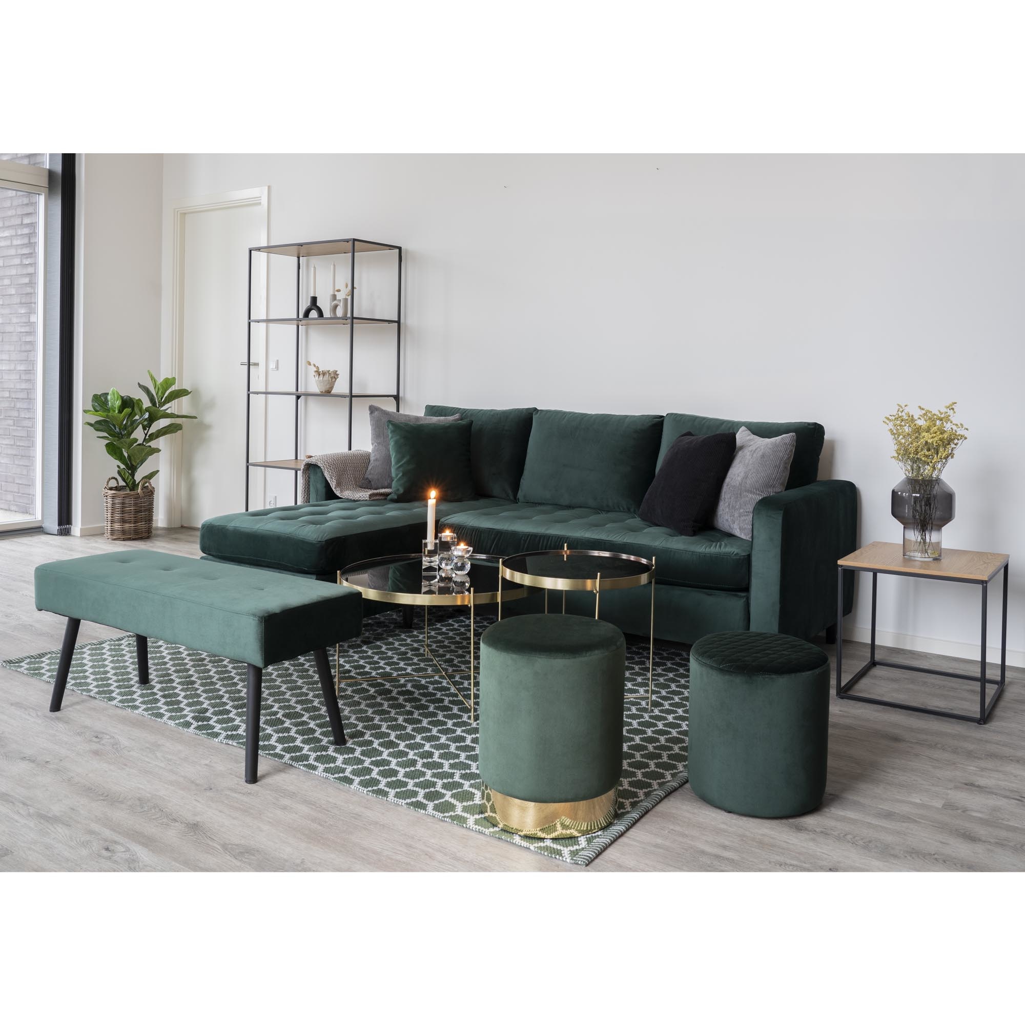 Ejby round footstool - Dark green - Velvet