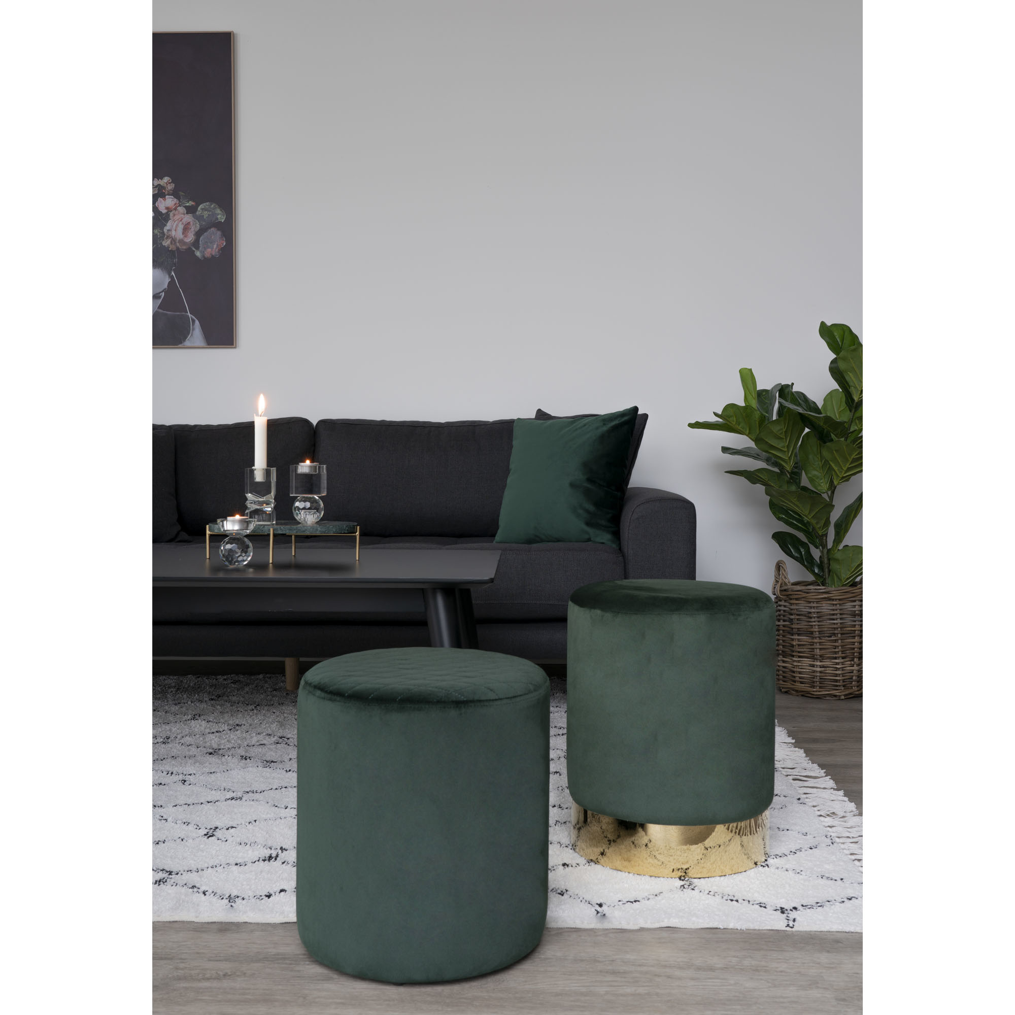 Ejby round footstool - Dark green - Velvet