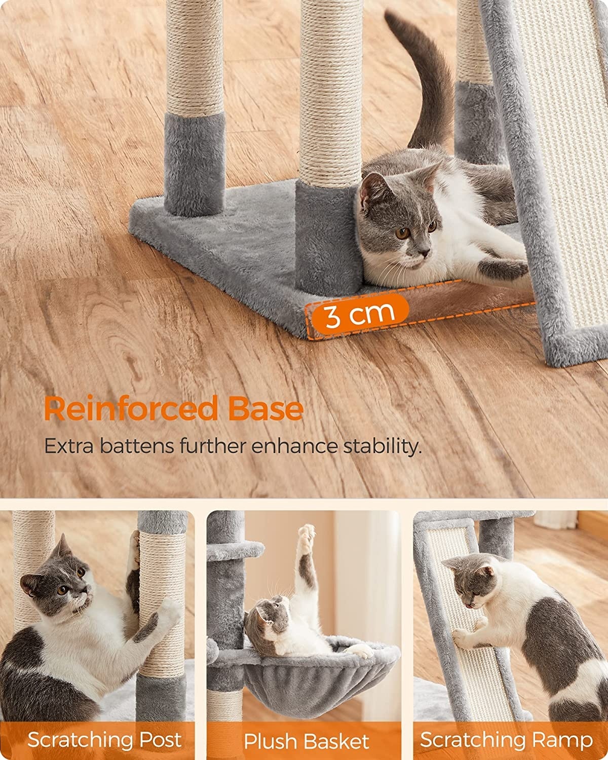 Parya Pets - Stable Scratching Post - Incl. 3 Viewing Platforms - 2 Caves - Basket - Scratching Board - Grey