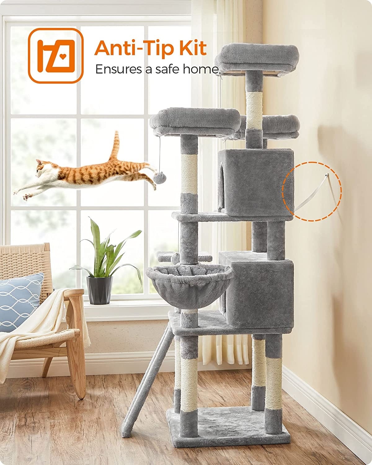 Parya Pets - Stable Scratching Post - Incl. 3 Viewing Platforms - 2 Caves - Basket - Scratching Board - Grey