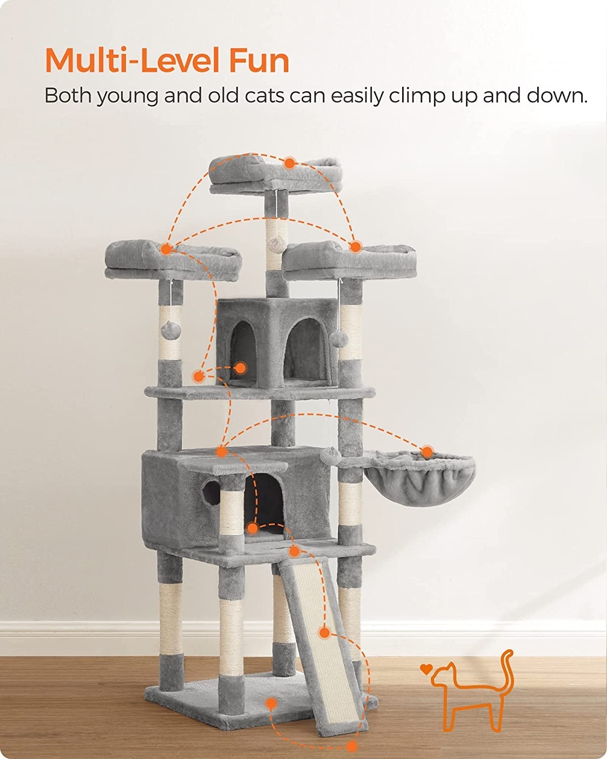 Parya Pets - Stable Scratching Post - Incl. 3 Viewing Platforms - 2 Caves - Basket - Scratching Board - Grey