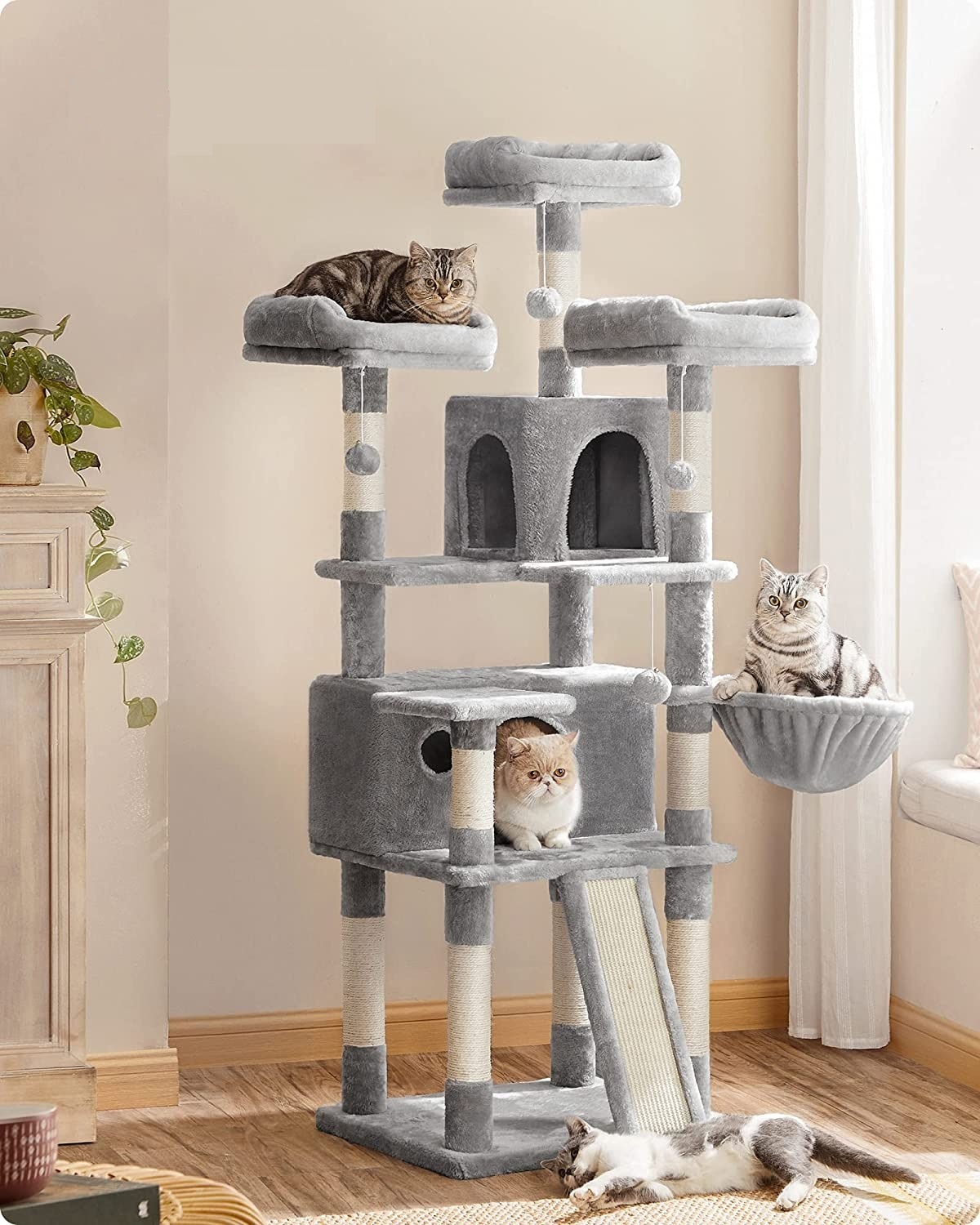 Parya Pets - Stable Scratching Post - Incl. 3 Viewing Platforms - 2 Caves - Basket - Scratching Board - Grey