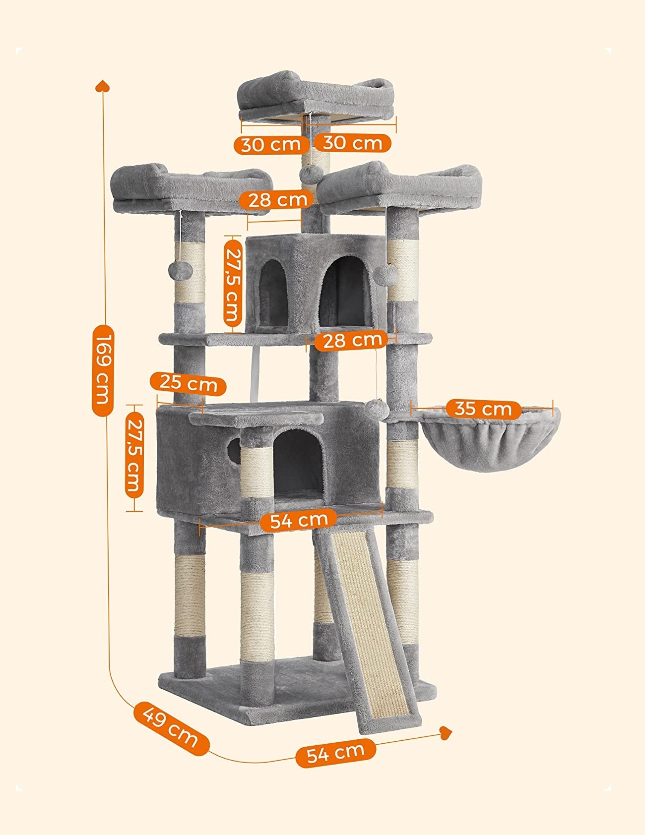 Parya Pets - Stable Scratching Post - Incl. 3 Viewing Platforms - 2 Caves - Basket - Scratching Board - Grey