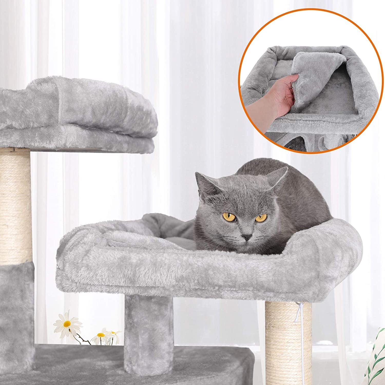 Parya Pets - Kratzbaum für den Stall - Inkl. 3 Höhlen - 2 Körbe - 2 Aussichtsplattformen - Plüsch - Grau
