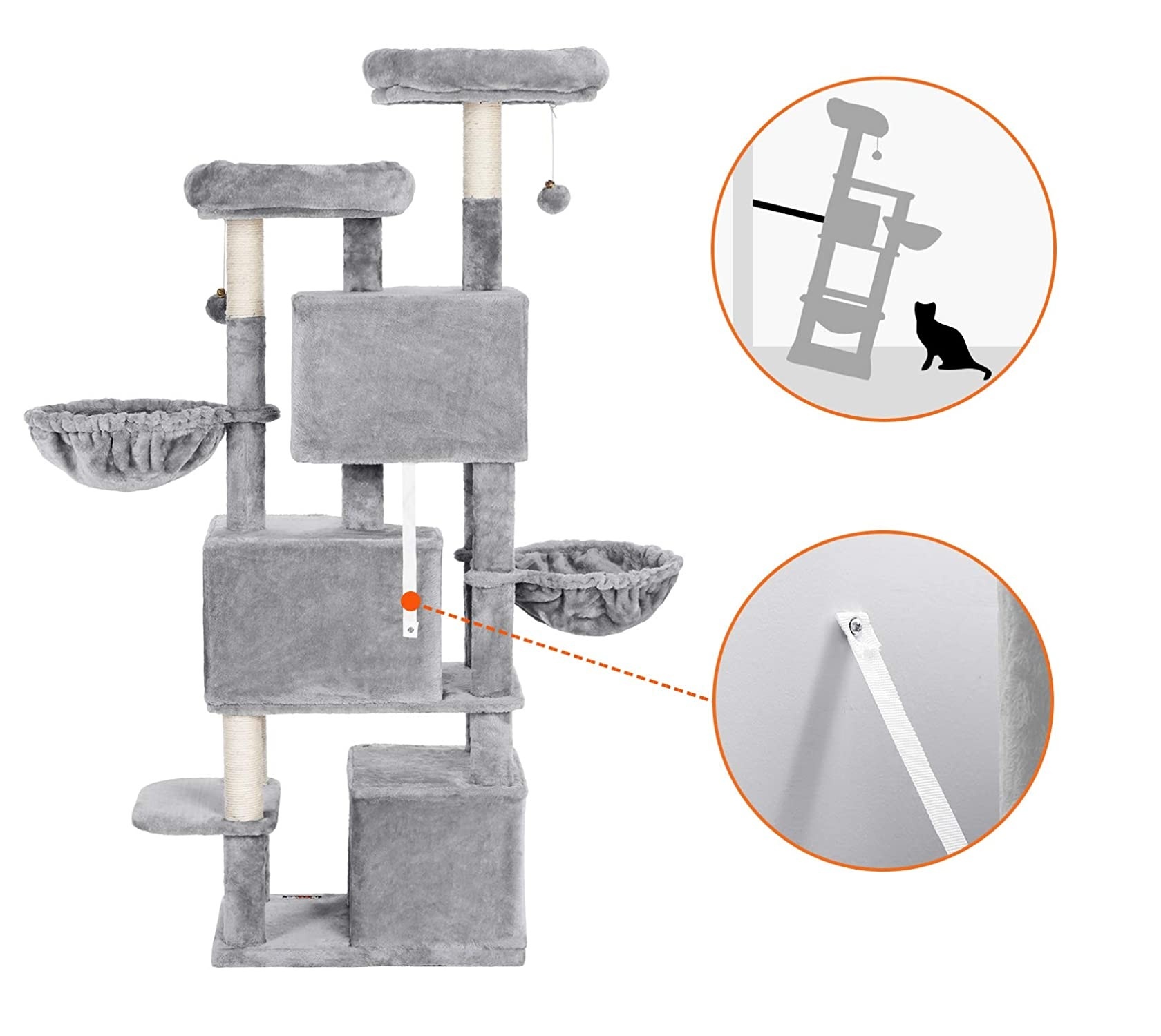 Parya Pets - Stable Scratching Post - Incl. 3 Caves - 2 Baskets - 2 Viewing Platforms - Plush - Gray