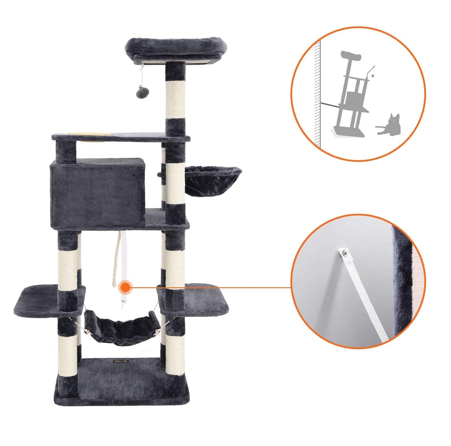 Parya Pets - Stabiele Krabpaal - Incl. Hangmat - Mand - Grot - Klimboom Donker Grijs