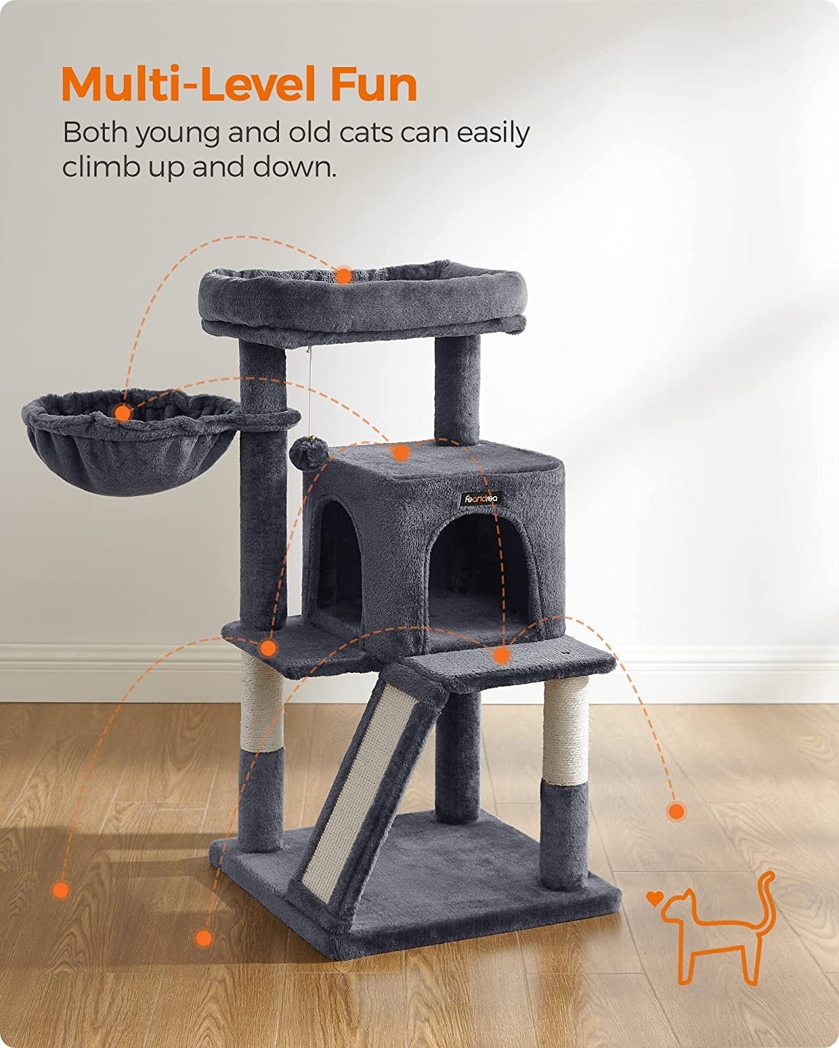Parya Pets - Stable Scratching Post - Incl. Viewing Platforms - Cave - Scratching Board - Climbing Tree - Dark Grey