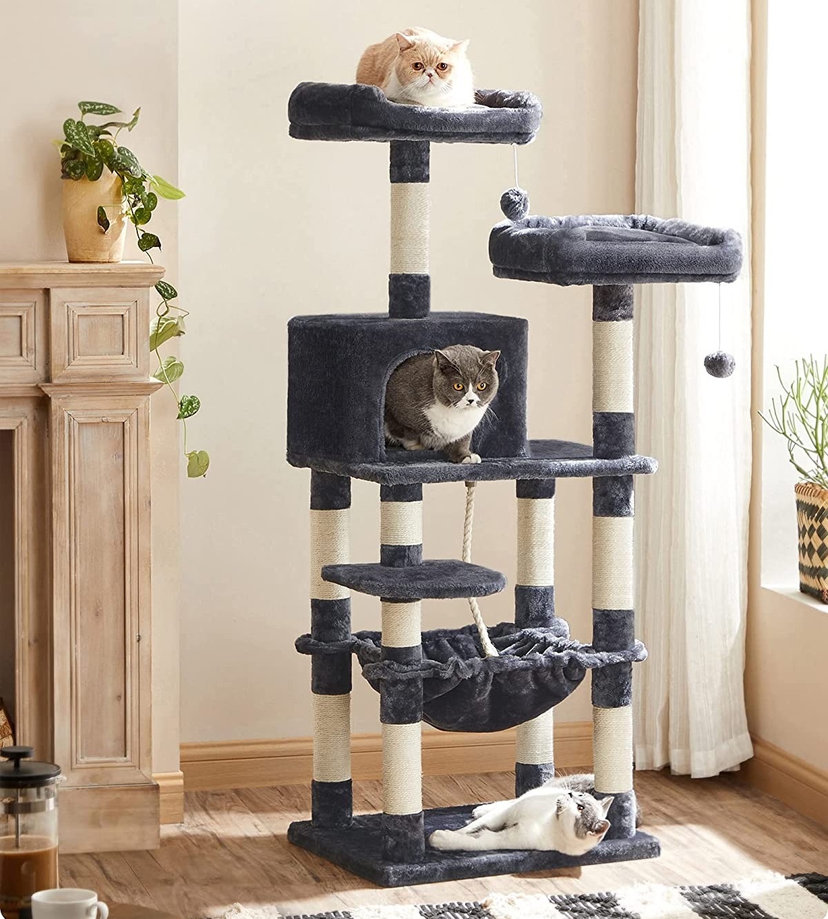 Parya Pets - Stable Scratch Post - Incl. Lookout Platforms - Grotto - Hammock - Climbing Tree - Plush - Dark Gray