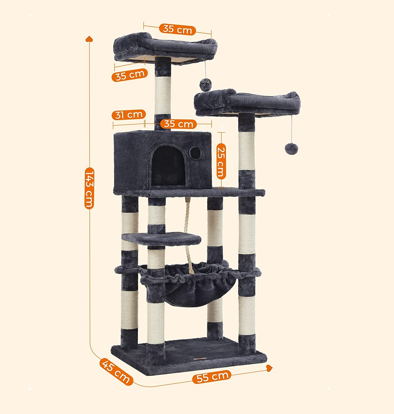 Parya Pets - Stable Scratch Post - Incl. Lookout Platforms - Grotto - Hammock - Climbing Tree - Plush - Dark Gray
