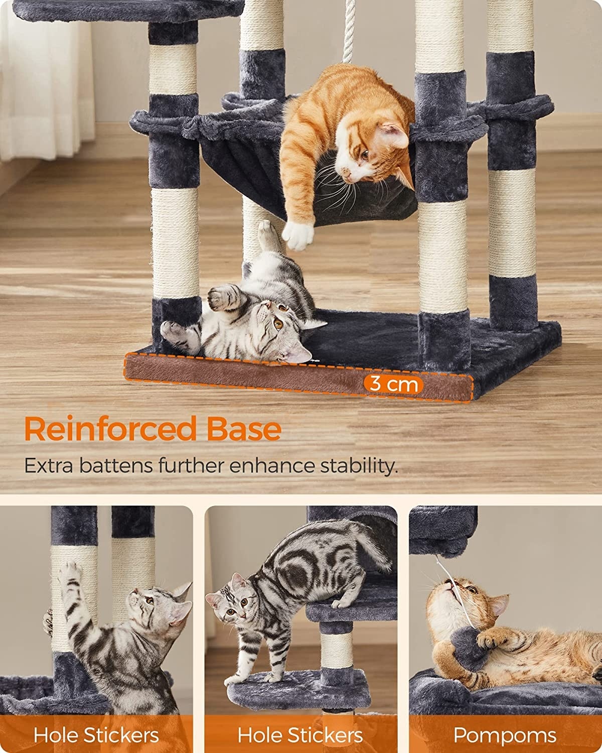Parya Pets - Stable Scratch Post - Incl. Lookout Platforms - Grotto - Hammock - Climbing Tree - Plush - Dark Gray