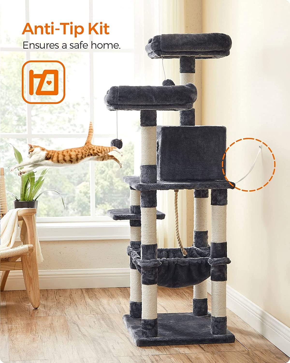 Parya Pets - Stable Scratch Post - Incl. Lookout Platforms - Grotto - Hammock - Climbing Tree - Plush - Dark Gray