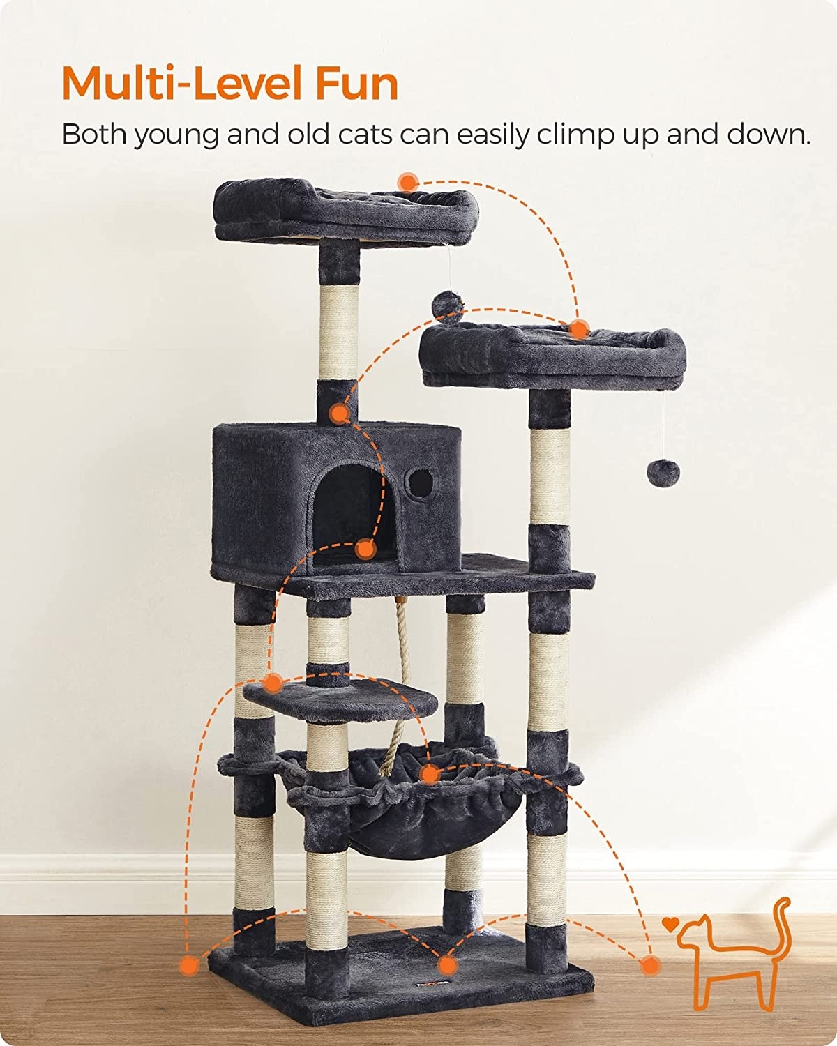Parya Pets - Stable Scratch Post - Incl. Lookout Platforms - Grotto - Hammock - Climbing Tree - Plush - Dark Gray