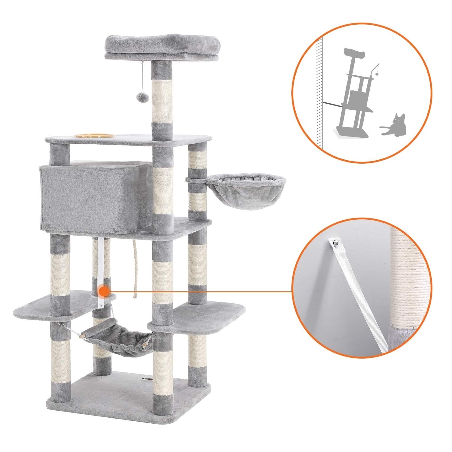 Parya Pets - Stable Scratch Post - Incl. Hammock, Basket, Lookout Platform, Cave - Climbing Tree - Plush - Gray