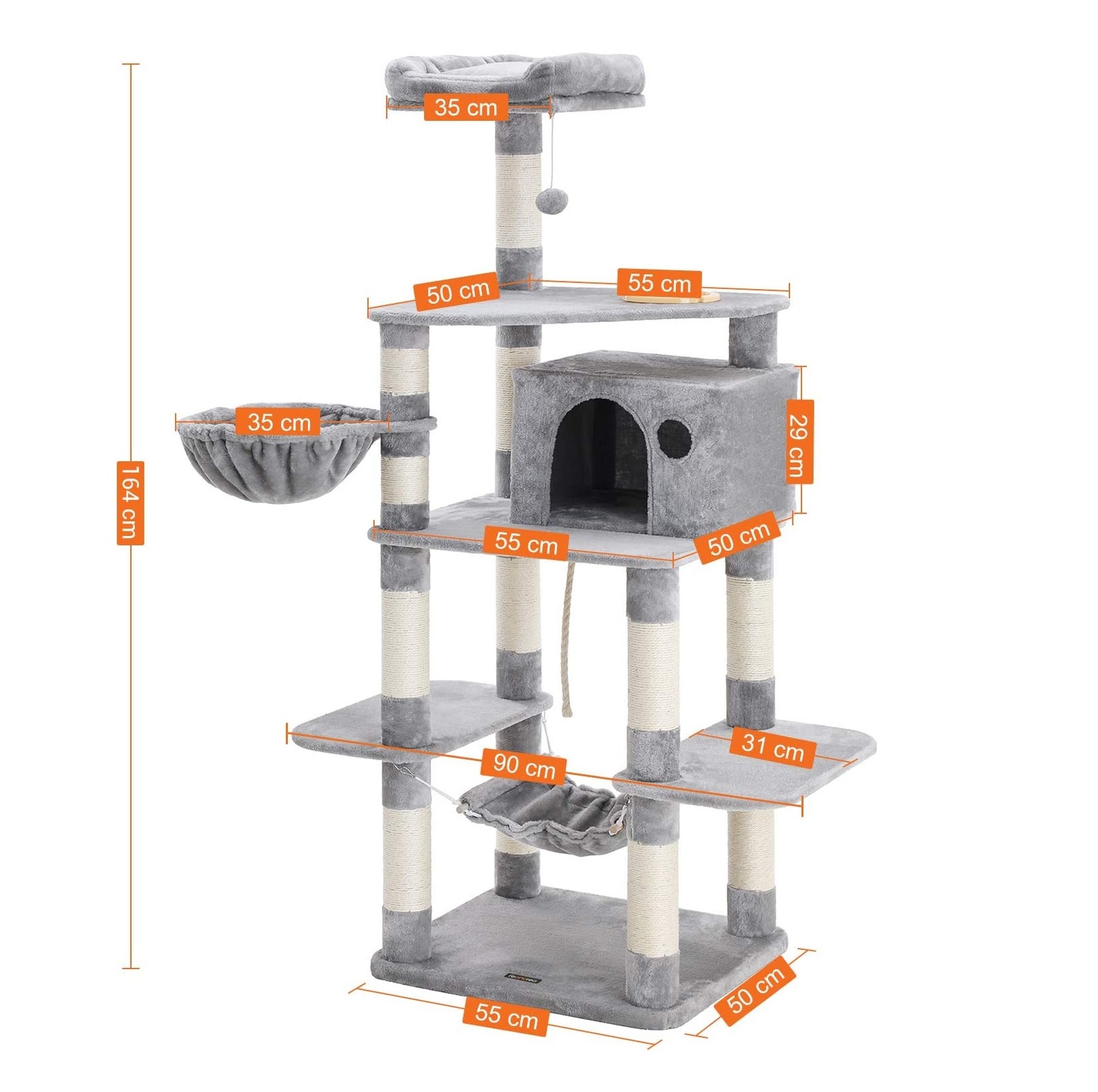 Parya Pets - Stable Scratch Post - Incl. Hammock, Basket, Lookout Platform, Cave - Climbing Tree - Plush - Gray