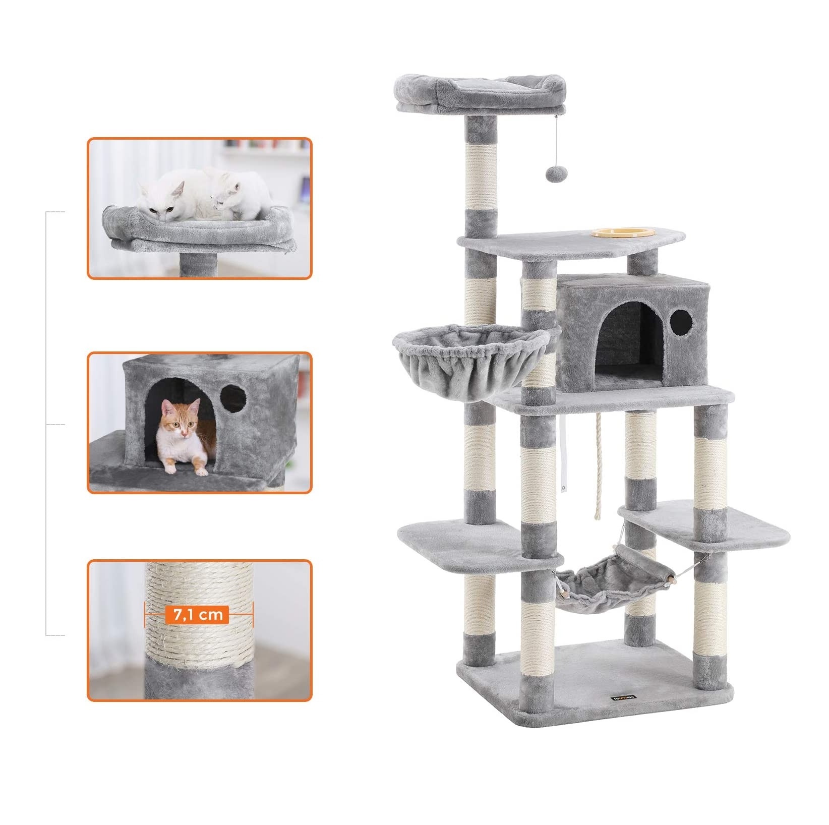 Parya Pets - Stable Scratch Post - Incl. Hammock, Basket, Lookout Platform, Cave - Climbing Tree - Plush - Gray