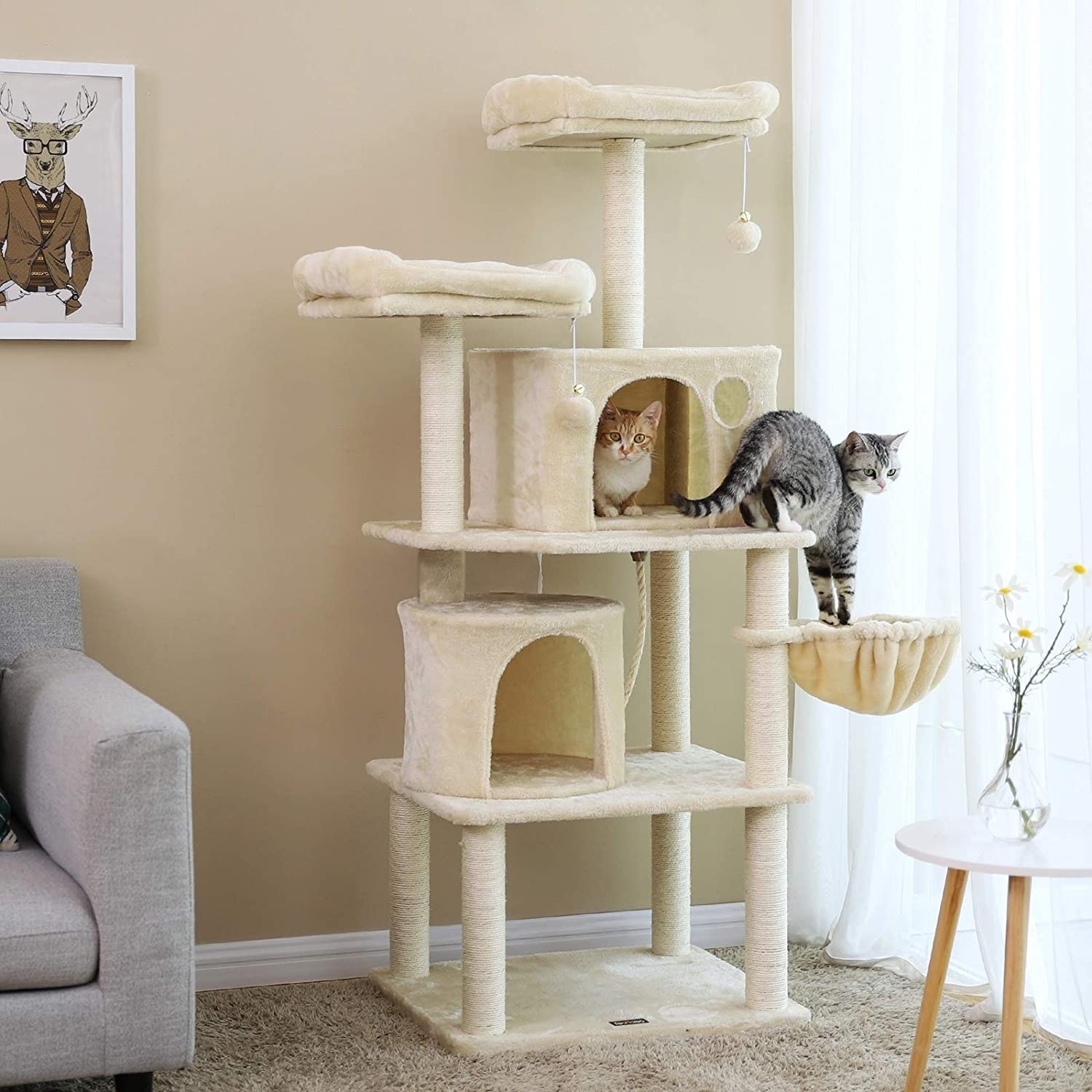 Parya Pets - Stable Scratch Post - 2 Caves - 2 Viewing Platforms - Basket - Plush - Beige