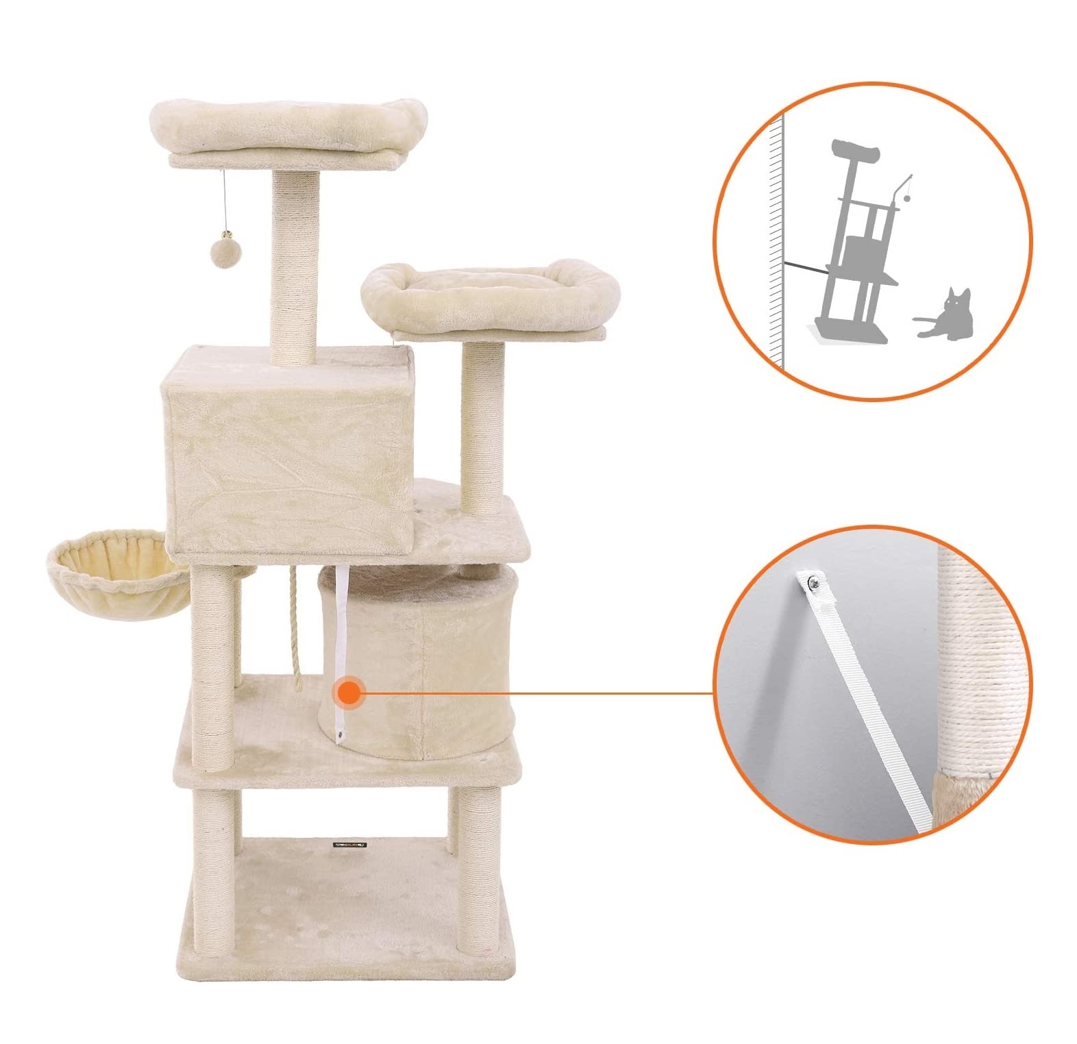 Parya Pets - Stable Scratch Post - 2 Caves - 2 Viewing Platforms - Basket - Plush - Beige