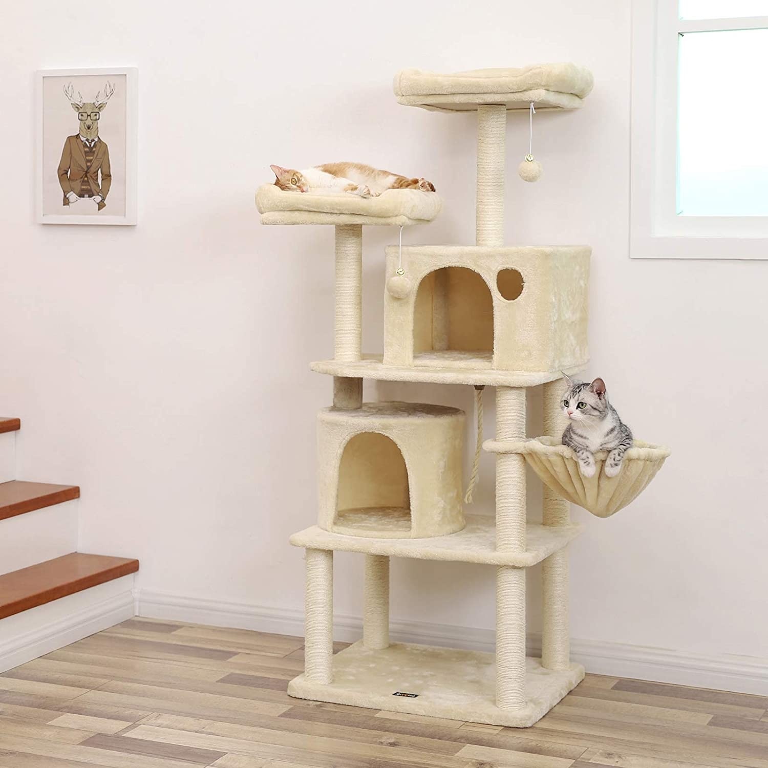 Parya Pets - Stable Scratch Post - 2 Caves - 2 Viewing Platforms - Basket - Plush - Beige
