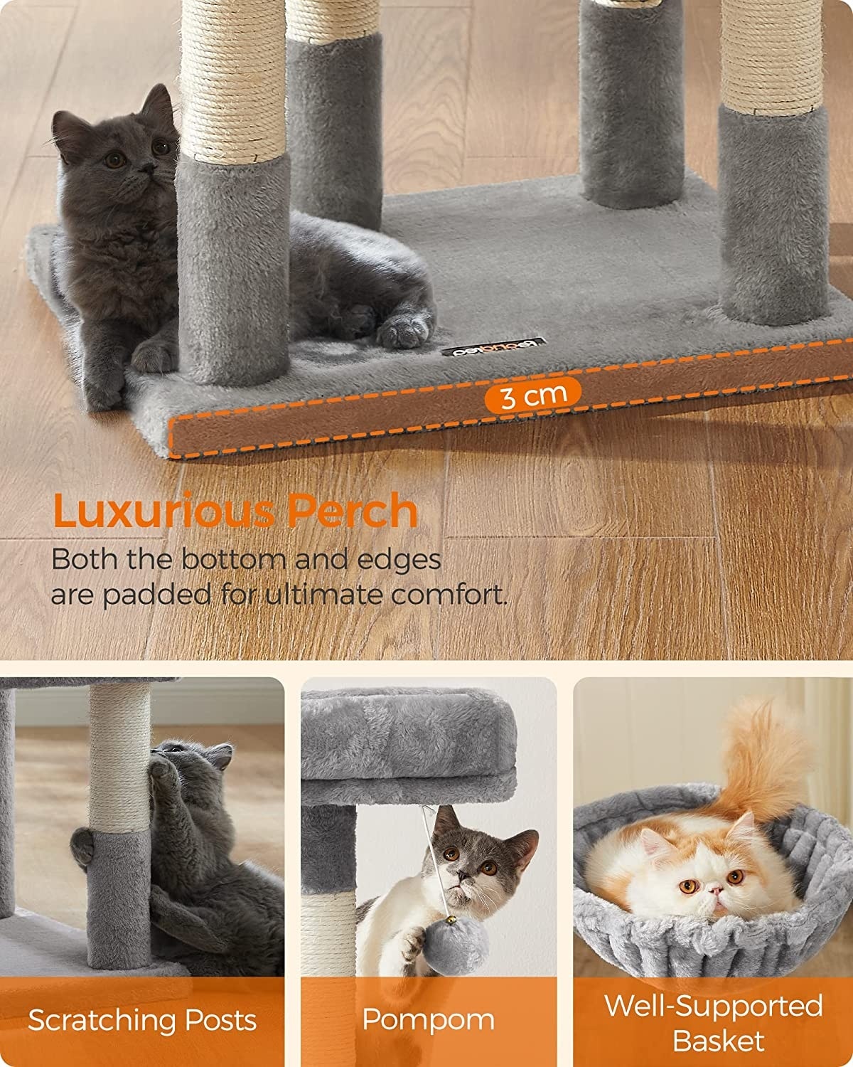 Parya Pets - Stable Cat Post - Incl. Cave and Hammock - Climbing Tree - Viewing Platform - Gray