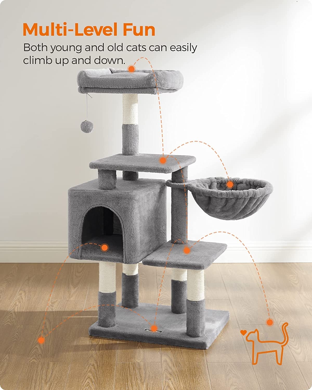 Parya Pets - Stable Cat Post - Incl. Cave and Hammock - Climbing Tree - Viewing Platform - Gray