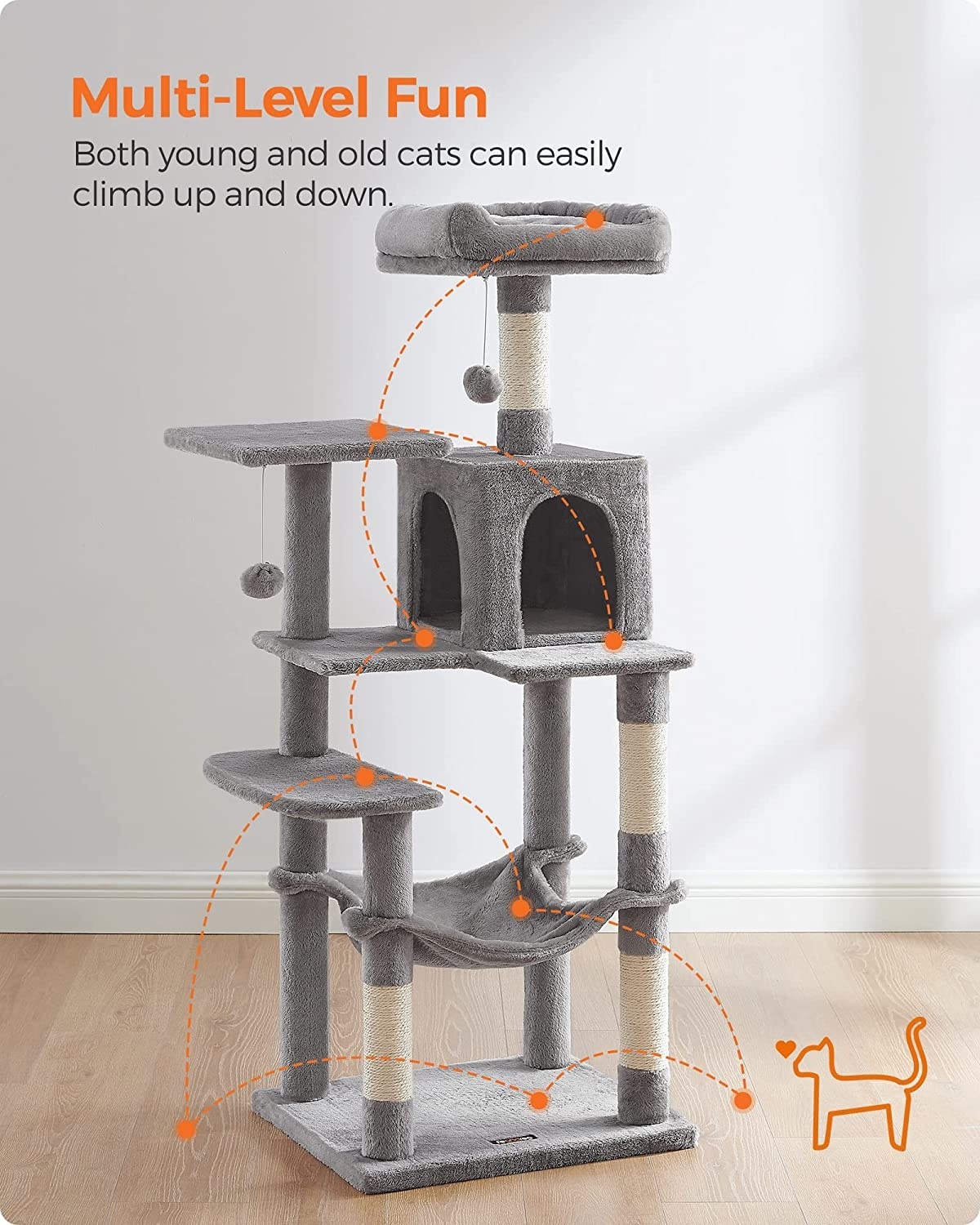Parya Pets - Stable Cat Post - With Hammock - Cat Tree - Incl. Hammock - Cave - Gray