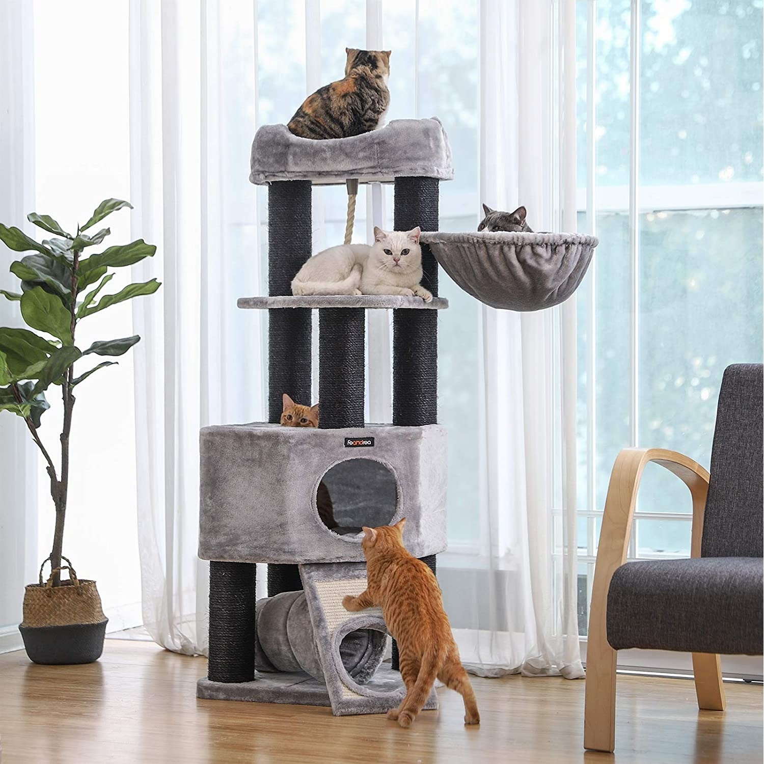 Parya Pets - Stabiele Krabpaal - Uitkijkplatform - Kattentoren - Mand - Grot - Pluche - Grijs & Zwart