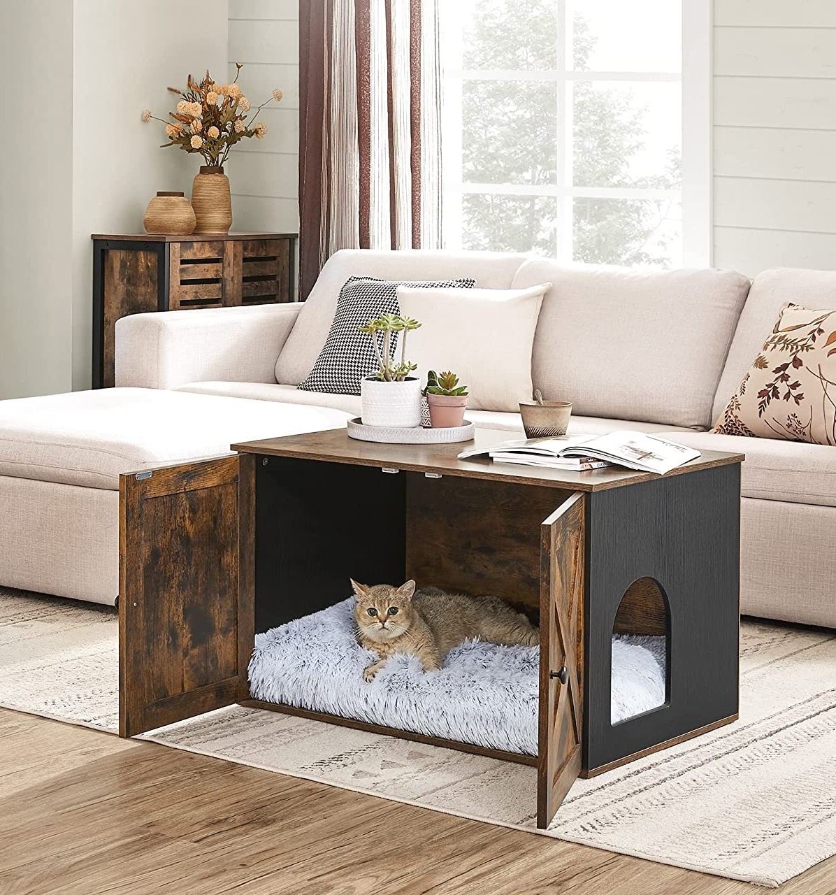 Parya Pets - Wooden cat house - Incl. 2 doors - Litter Box - Vintage - Industrial - Black/Brown