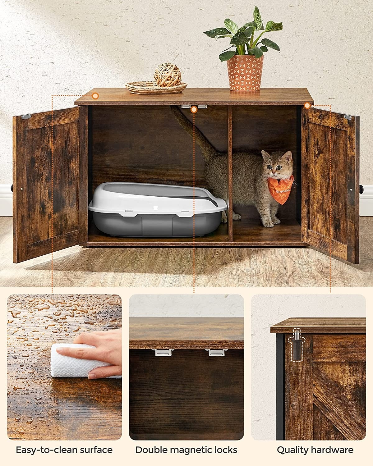 Parya Pets - Wooden cat house - Incl. 2 doors - Litter Box - Vintage - Industrial - Black/Brown