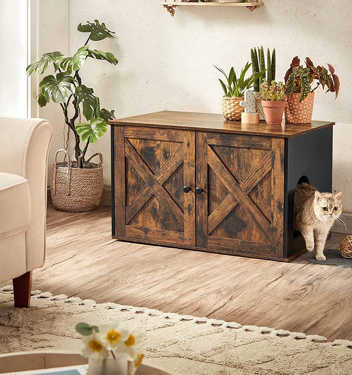 Parya Pets - Wooden cat house - Incl. 2 doors - Litter Box - Vintage - Industrial - Black/Brown