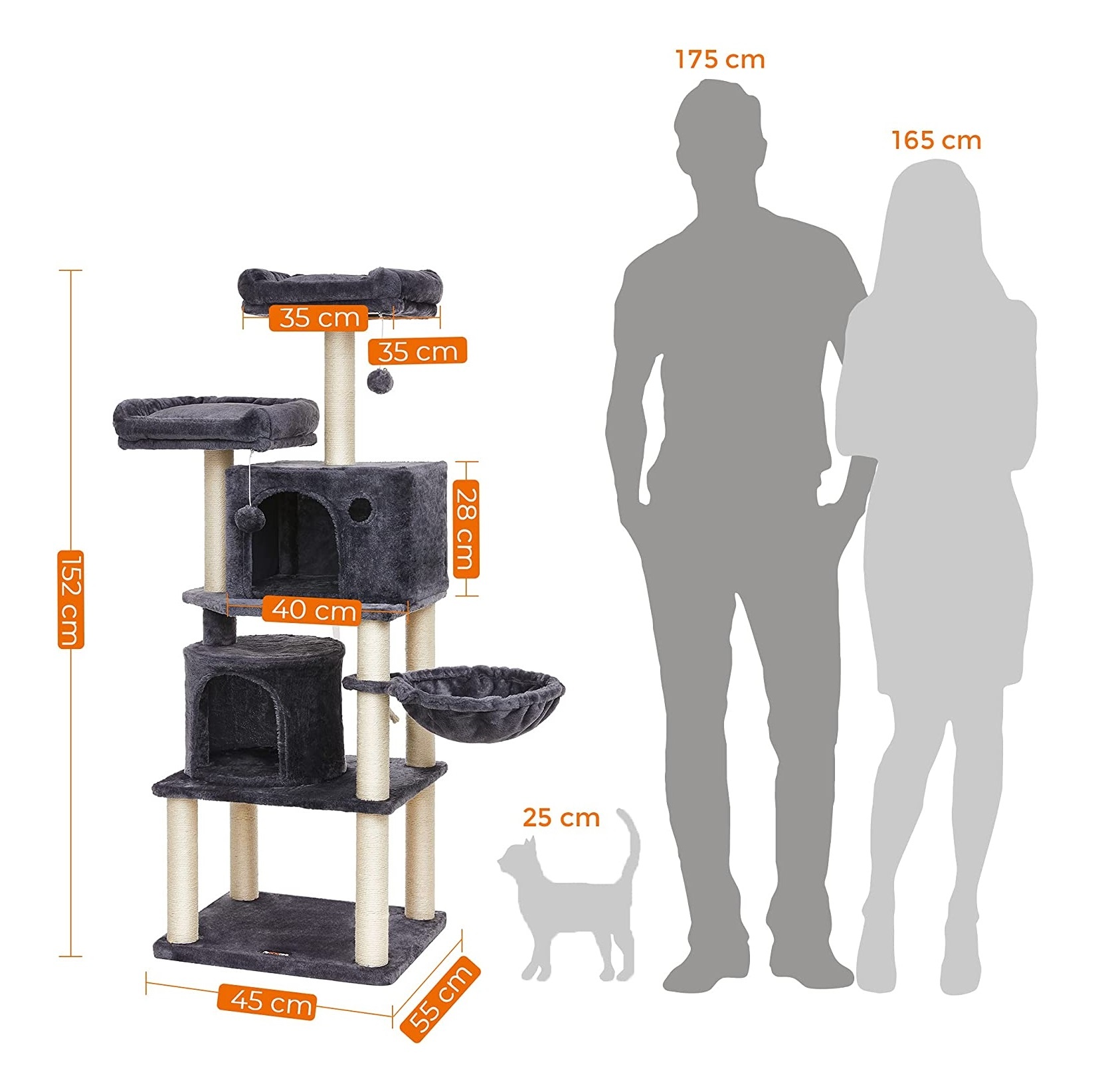 Parya Pets - Stabiele Krabpaal - Incl. 2 grotten - Klimboom - Mand - Donker Grijs