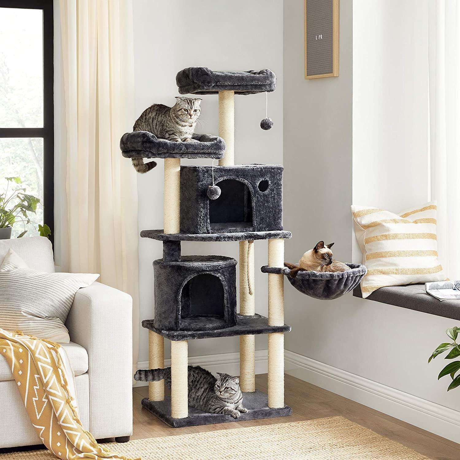 Parya Pets - Stabiele Krabpaal - Incl. 2 grotten - Klimboom - Mand - Donker Grijs