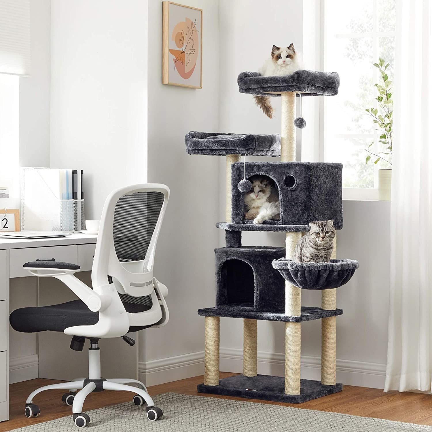 Parya Pets - Stabiele Krabpaal - Incl. 2 grotten - Klimboom - Mand - Donker Grijs