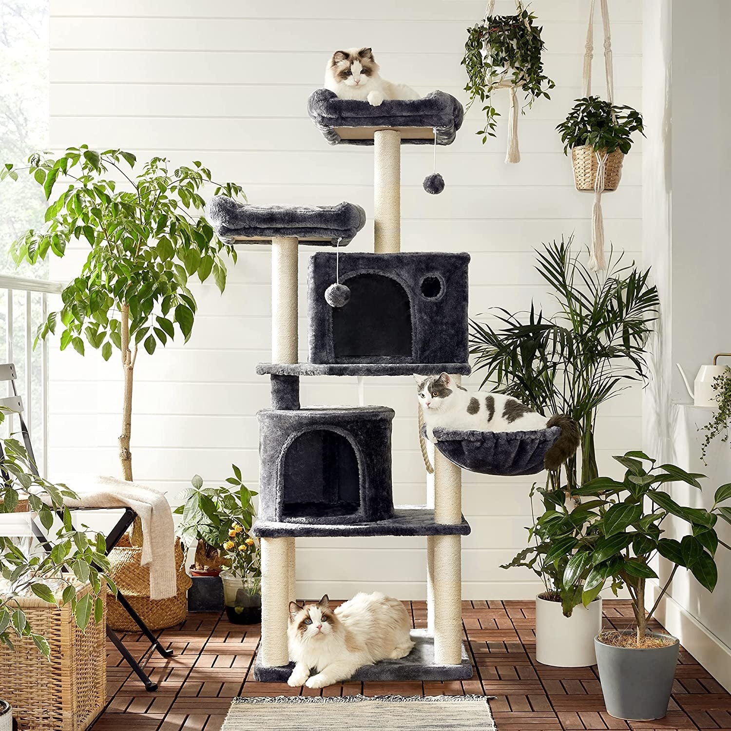 Parya Pets - Stabiele Krabpaal - Incl. 2 grotten - Klimboom - Mand - Donker Grijs