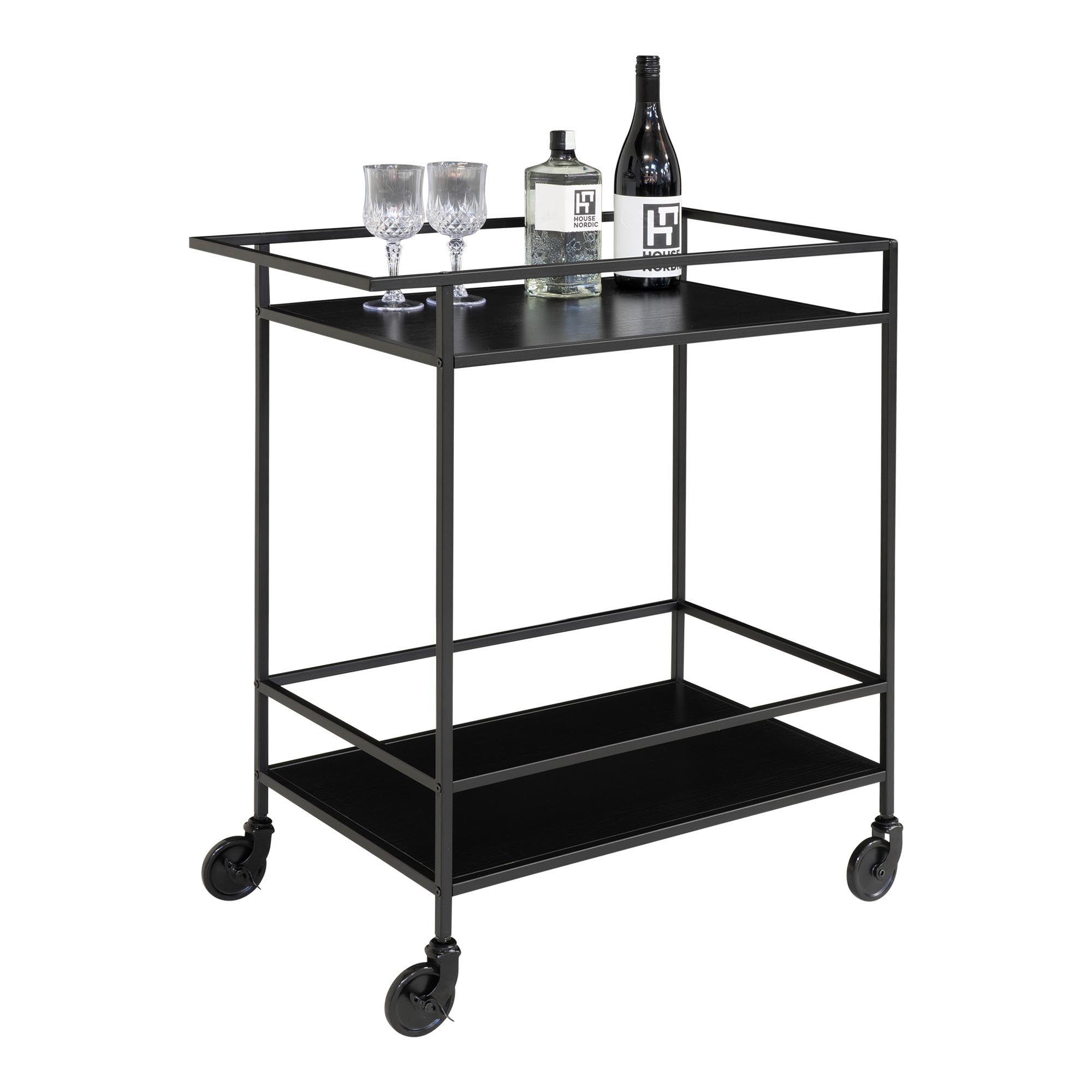 Vita Bar Trolley - Barwagen mit schwarzem Rahmen und Rädern und zwei schwarzen Ablagen 68x40x79 cm