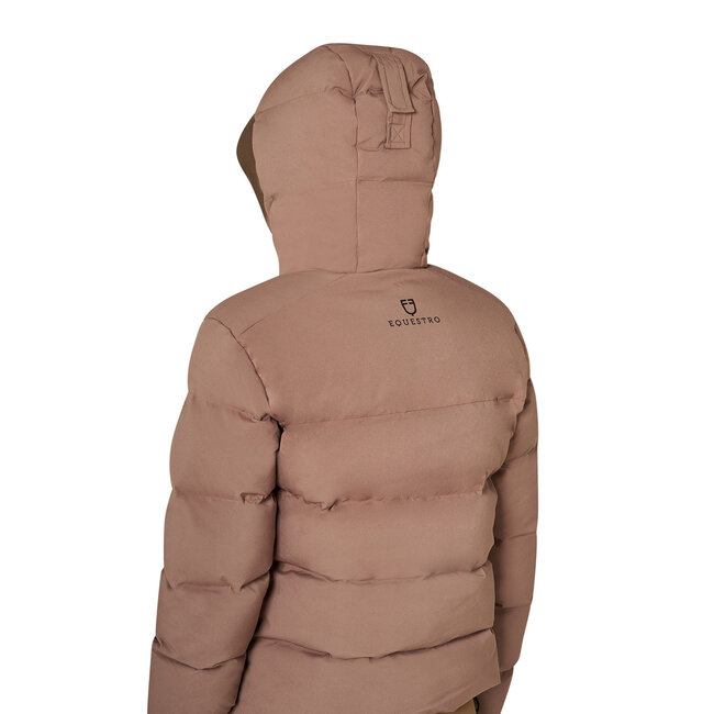 Equestro Women's down jacket, perfect for the cold season. Features a padded design with a snug hood, front zipper, and elastic cuffs for extra protection against wind and heat loss.