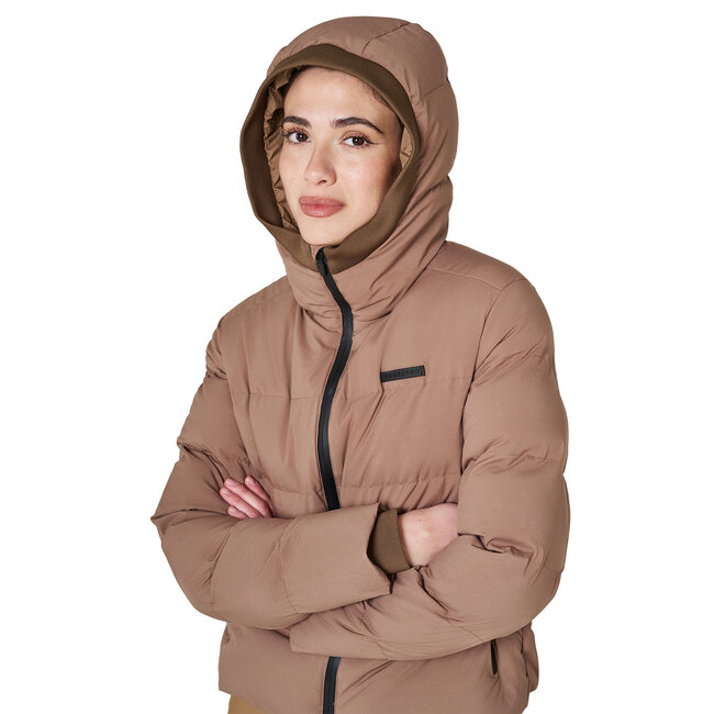 Equestro Women's down jacket, perfect for the cold season. Features a padded design with a snug hood, front zipper, and elastic cuffs for extra protection against wind and heat loss.