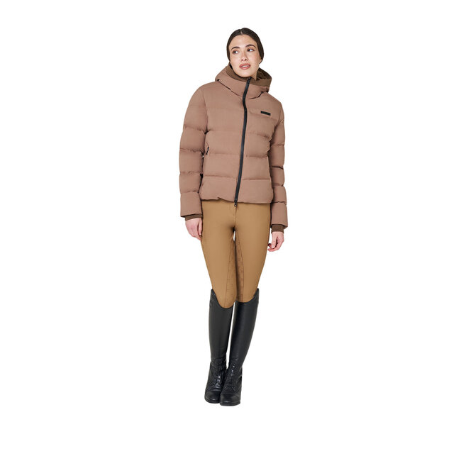 Equestro Women's down jacket, perfect for the cold season. Features a padded design with a snug hood, front zipper, and elastic cuffs for extra protection against wind and heat loss.
